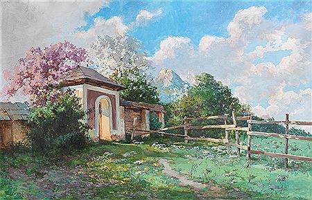 The wall of a garden and blooming trees