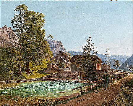 Wanderer in the Salzkammergut, the Grundlsee Lake Dam with the River Traun, in the Background on the Left the Backenstein