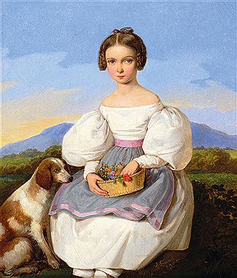A Young Girl with a Flower Basket and a Dog, probably a princess of the family of the Grand Duke of Baden by Johann Grund - Auction record, sale price, and art valuation. Compare with similar artists and explore comparable artworks.