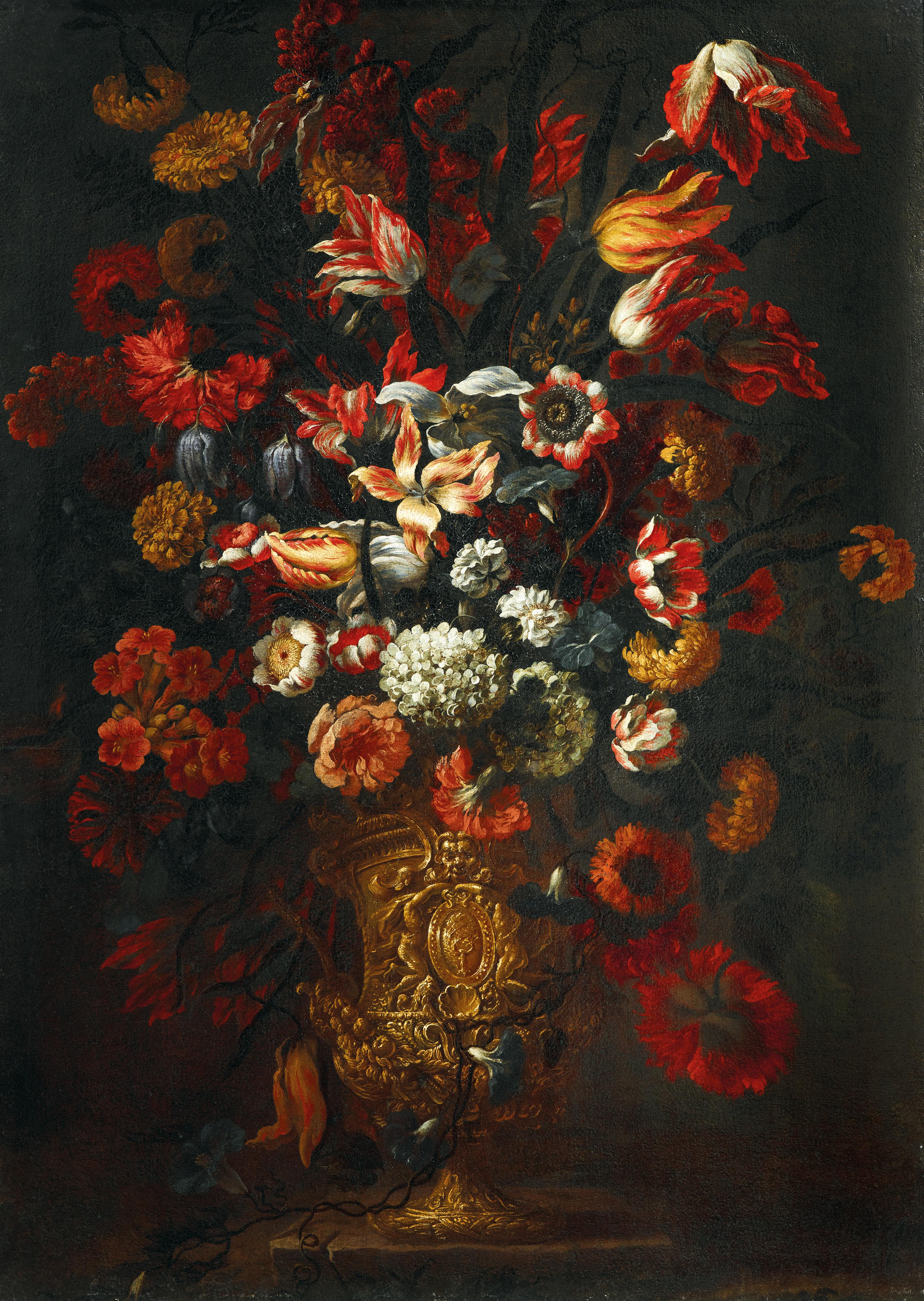 Tulips, carnations and other flowers in an urn on a ledge, with the coat-of-arms of the Della Rovere family on the vase