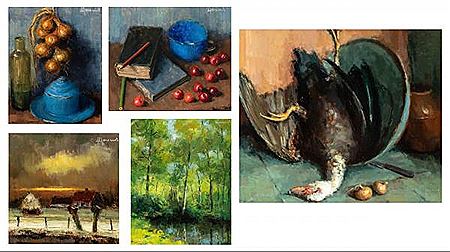 Nature morte aux oignons; Vue de forêt à 's-Gravenwezel ; Soirée d'hiver à Laethem ; Nature morte aux cérises ; Nature morte avec canard (5)