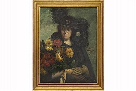 "Woman with black hat and flower owl"