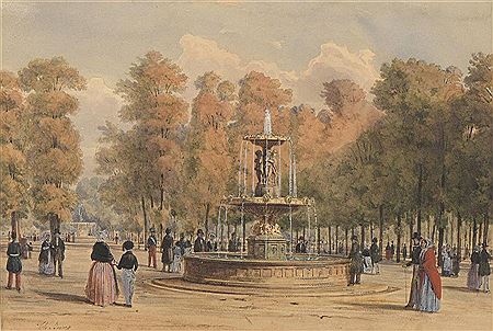Promenade dans un jardin avec fontaines.