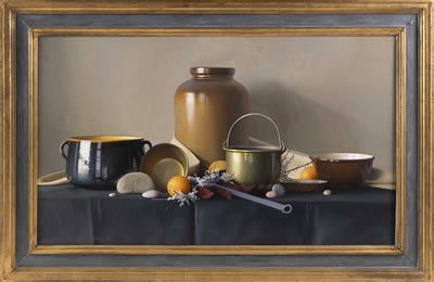 Still life of crockery and a copper pot