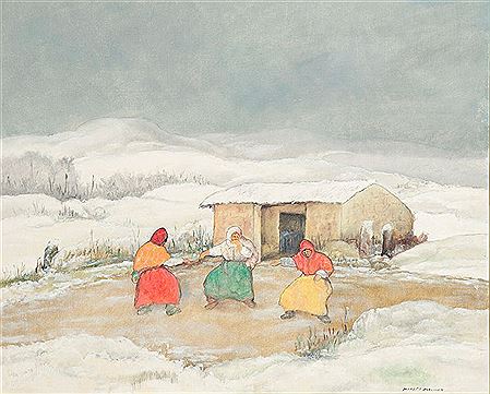 "Paisaje asturiano con campesinos"