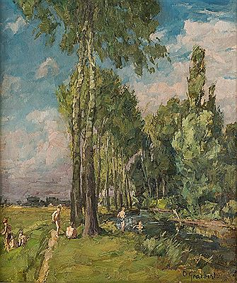 Children bathing on the banks of a stream