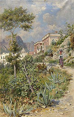Italienerin vor der Villa Pompeiana auf Capri, im Hintergrund die Kirche Santo Stefano