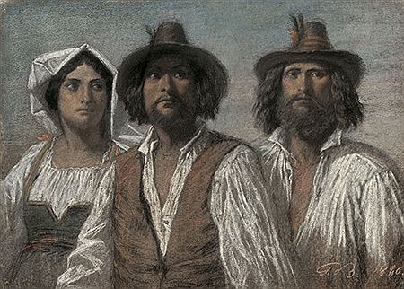 Zwei Bauern und eine junge Frau in italienischer Volkstracht