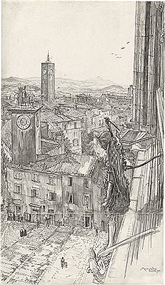 Der Erzengel Michael an der Fassade des Doms zu Orvieto mit Blick über die Stadt