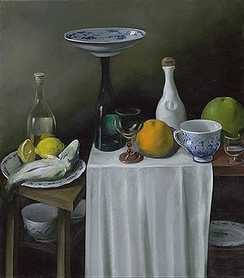 Stilleben mit Fisch, Zitrone und blau gemustertem Porzellan by Pavel Feinstein - Auction record, sale price, and art valuation. Compare with similar artists and explore comparable artworks.