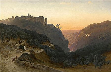 Ansicht von Tivoli vom Monte Catillo mit Blick auf das Anio-Tal, die Villa Gregoriana und den Vestatempel