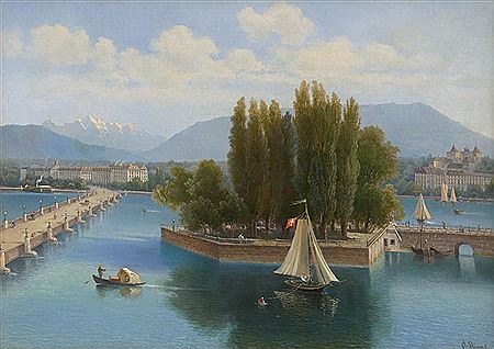 Blick auf Genf mit der Île Rousseau und der Mont-Blanc-Brücke