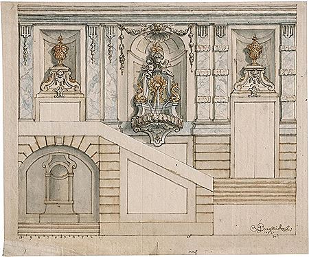 Baroque facade architecture with a fountain