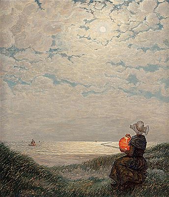 Dutch woman with a lantern on the seashore