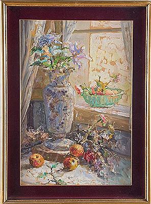 “Scorcio di interno con fiori e frutta”.