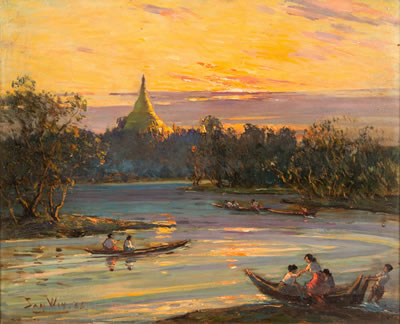 Sunset Over Pagoda with River in Foreground, 1966