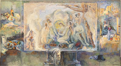 Triptych with a Painting in an Interior by Lev Meshberg - Auction record, sale price, and art valuation. Compare with similar artists and explore comparable artworks.