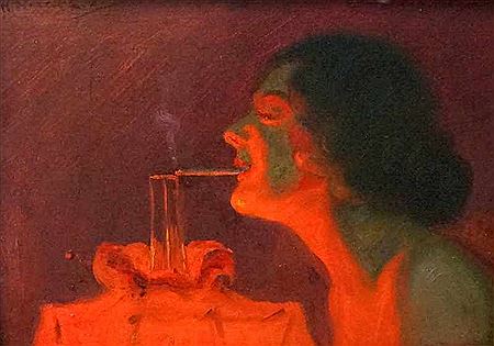 Jugendstil-Gemälde einer sich die Zigarette anzündenden Dame
