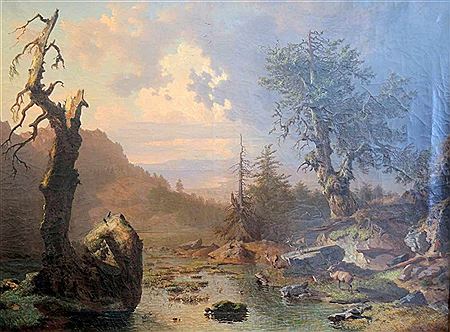 Gebirgsbach mit Hirsch und Baumrahmung