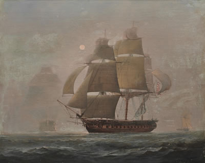 The American Frigate Constitution Bearing Up and Making Sail on Discovery of an English Three-Decker through the Fog