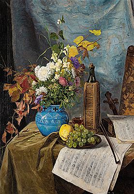 Still Life with winebottle, flowers and fruit