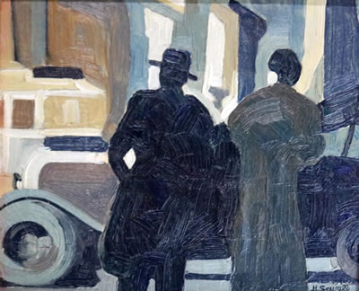 Untitled (Street Scene with Figures and Automobile) by Howard Sewall - Auction record, sale price, and art valuation. Compare with similar artists and explore comparable artworks.