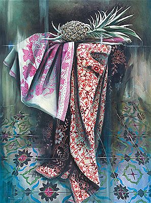 Sample artwork by Tony Ng Keong (Born 1980), known for still life paintings incorporating local elements and traditional fabrics - View similar artists and auction records