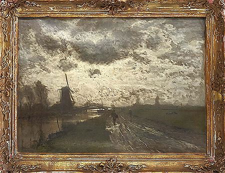 Full moon night over wide landscape with canal and windmills as well as figure staffage by Paul Riess - Auction record, sale price, and art valuation. Compare with similar artists and explore comparable artworks.
