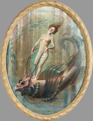 Underwater ride of a naked woman on a mythical creature
