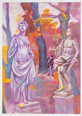 Autumnal park in Potsdam with Laubfeger and two sculptures