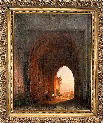 Woman praying under a statue of Mary in an archway with a view of a city