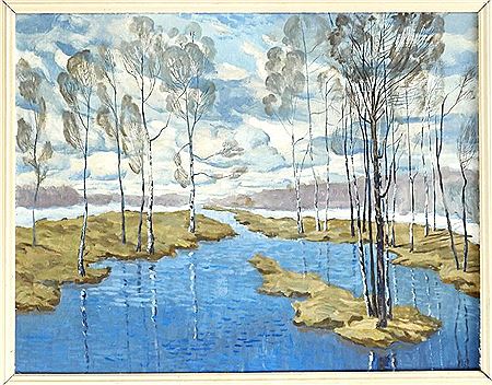 Large landscape with birch trees in winter
