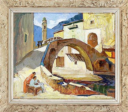 Italian mountain village with canal bridge and staffage figures