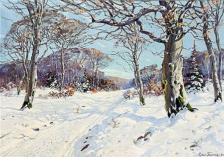 Snow-covered winter landscape by Ejner Thornvig - Auction record, sale price, and art valuation. Compare with similar artists and explore comparable artworks.
