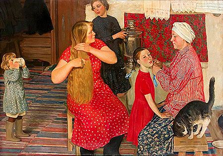 Monumental Russian interior with a family in the morning