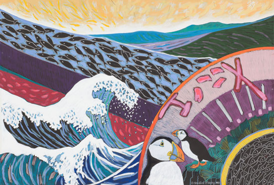 Sky Fan, Hokusai Wave and Puffins