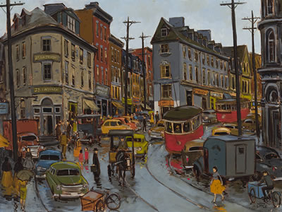Sample artwork by John Little (1928 - 2024), known for urban life, landscape and townscape painting - View similar artists and auction records