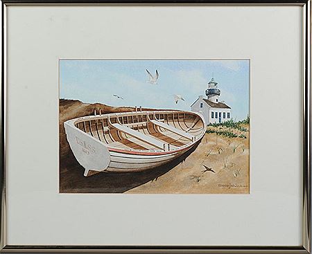 Rowboat at rest on a sunny beach with a lighthouse and sea birds