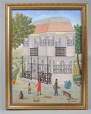 Idyllic scene of a fine large Caribbean style home shown in great detail and with a father, mother and child in front, and beautifully tended gardens beyond