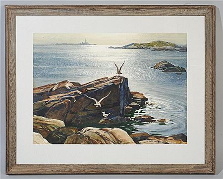 Coastal scene with seagulls and lighthouse in background