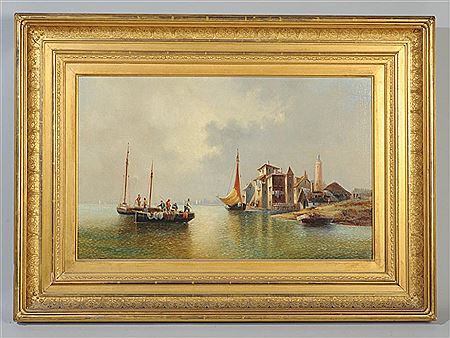 Coastal scene with fishermen and lighthouse in background