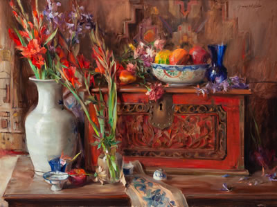 Arrangement in Reds-with Balise Chest, Porcelain Vessels and Glads