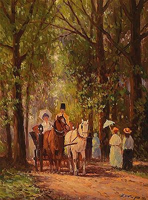 Kutsche und Spaziergänger im Wald