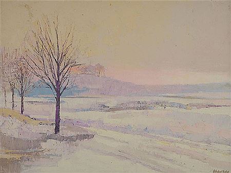 Snow-covered winter landscape in purple evening sun