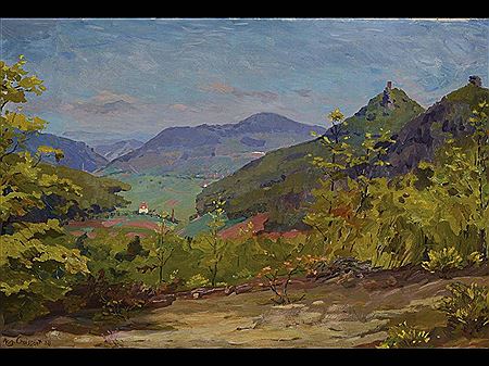 View near Annweiler with Trifels and Anebos by August Croissant - Auction record, sale price, and art valuation. Compare with similar artists and explore comparable artworks.