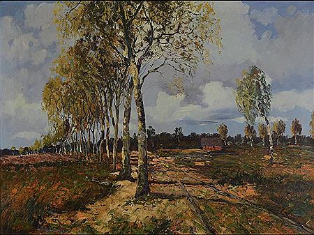 North German landscape with birch trees and a farmhouse