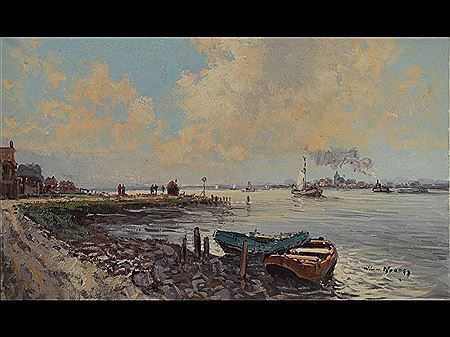 Fishing boats on the bank, in the background a city by Wim Norden - Auction record, sale price, and art valuation. Compare with similar artists and explore comparable artworks.