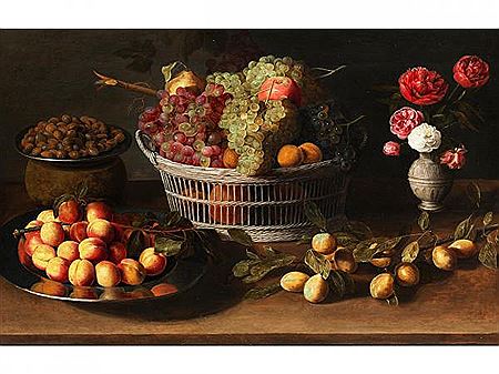 BIG STILL LIFE WITH FRUIT BASKET, PEACH BOWL AND FLOWER VASE