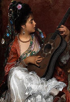 JUNGE ELEGANTE FRAU AUF EINER FLAMENCO-GITARRE SPIELEND