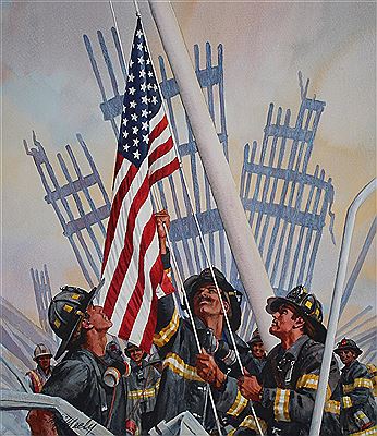 "Firemen Raising Flag over Rubble"